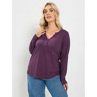 Yours Curve Long Sleeve Henley Button T-Shirt - Purple
