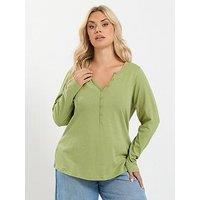 Yours Curve Long Sleeve Henley Button T-Shirt - Green
