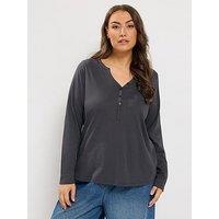 Yours Curve Long Sleeve Henley Button T-Shirt - Grey