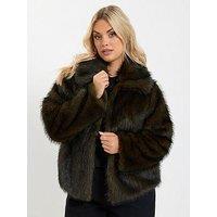 Yours Curve Faux Fur Tipped Coat - Brown