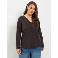 Yours Curve Long Sleeve Henley Button T-Shirt - Brown