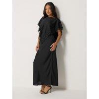 Pixiegirl Womens Petite Satin Lace Cape Maxi Dress - Black