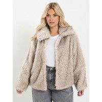 Yours Curve Faux Fur Tipped Coat - Grey