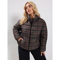 Yours Curve Check Padded Parka - Brown