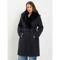 Yours Curve Wrap Longline Wool Fur Collar Coat - Black
