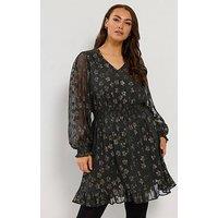 Yours Womens Curve V-Neck Shirred Waist Ruffle Hem Dress - Black