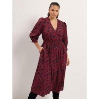 Yours Womens Curve V Neck Shirred Waist Floral Tea Dress - Red