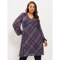Yours Curve Check Mesh Balloon Sleeve Dress - Purple