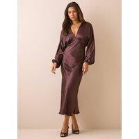 Nobodys Child Womens Allura Satin-Look V-Neck Blouson Sleeve Midi Dress - Brown