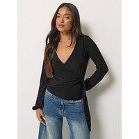 Pixiegirl Petite Side Tie Balloon Long Sleeve Top - Black
