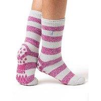 Heat Holders Womens Brushed Lined Non-Slip Original Slipper Socks - Light Grey & Berry