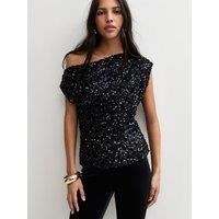 New Look Black Sequin Embellished Fallen Shoulder Top