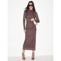 New Look Womens Embellished Mesh Long Sleeve Midi Dress - Brown