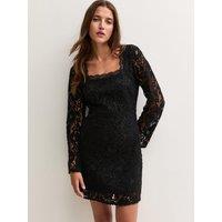 New Look Womens Square Neck Long Sleeve Lace Mini Dress - Black