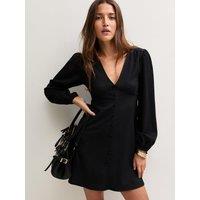 New Look Womens Crinkle Button Through V-Neck Mini Dress - Black