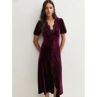 New Look Womens Empire Line Lace Trim Velvet Midi Dress - Burgundy