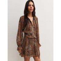 New Look Womens Chiffon Leopard Print Long Sleeve Mini Dress - Brown