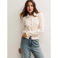 New Look Womens Embellished Collar Knitted Cardigan - Cream