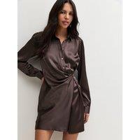 New Look Womens Ruched Satin-Look Mini Shirt Dress - Brown
