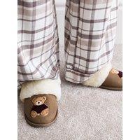 New Look 915 Girls Teddy Bear Embroidered Faux Fur Mule Slippers - Light Brown