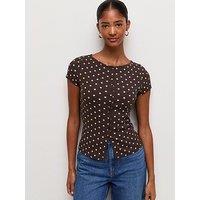 New Look Cotton Rich Spot Print Button Front Top - Brown
