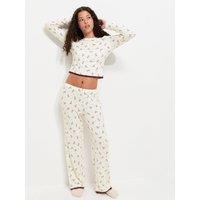 New Look 915 Girls Ribbed Lace Trim Bow Print Pyjama Set - Cream