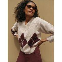 Mint Velvet Neutral Argyle V Neck Jumper