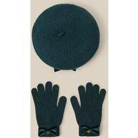 Monsoon Girls Velvet Bow Beret & Gloves Set - Green