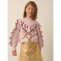Monsoon Girls Sequin Deer Frill Shoulder Knitted Jumper - Pink