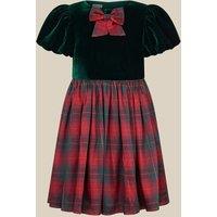 Monsoon Girls Elspeth Tartan Puff Sleeve Bow Dress - Green