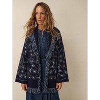Monsoon Womens Payton Paisley Fringe Cardigan - Blue