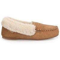 Totes Isotoner Womens Suede Moccasin Slippers With Faux Fur Lining - Tan