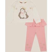 Monsoon Girls Christmas Penguin Frill Leggings Set - Light Cream