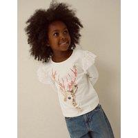 Monsoon Girls Sequin Deer Frill Shoulder Long Sleeve T-Shirt - Light Cream