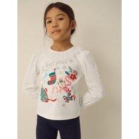 Monsoon Moonsoon Girls Glitter Slogan Long Sleeve T-Shirt - Light Cream