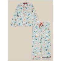 Monsoon Boys Skiing Dog Print Button-Through Pyjamas - Blue