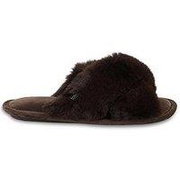 Totes Crossover Faux Fur Slider Slippers - Chocolate