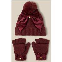 Monsoon Girls Bow Trim Soft Knit Hat And Gloves Set - Dark Red