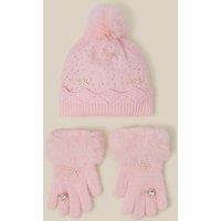 Monsoon Girls Pearly Diamante Pom-Pom Hat & Gloves - Pink