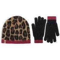 Totes Womens Leopard Beanie Hat & Gloves With Smartouch - Leopard/Black Mix