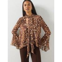 Mango Womens Tie Neck Bambi Print Blouse - Brown