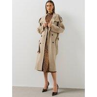 Mango Womens Loren Belted Funnel Neck Coat - Beige