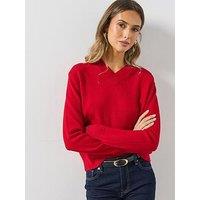 Mango Womens V-Neck Ribbed Hem Long Sleeve Jumper - Red