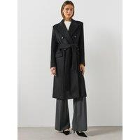 Mango Womens Eye Belted Double-Breasted Longline Coat - Black