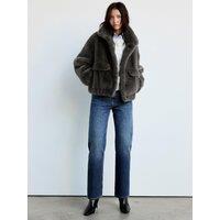Mango Womens Viena Faux Fur Funnel Neck Cropped Jacket - Grey