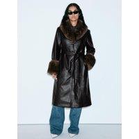 Mango Womens Faux Fur Trim Belted Coat - Brown