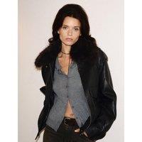 Mango Womens Detachable Faux Fur Collar Faux Leather Bomber Jacket - Chocolate