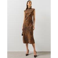 Mango Womens Leopard Print High Neck Midi Dress - Brown