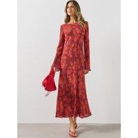 Mango Womens Floral Flared Sleeve Round Neck Dress - Red