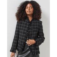 Mango Womens Audrey Textured Check Frayed Trim Collarless Blazer - Black